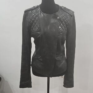 LOFT Black Quilted-Shoulder Leather Moto Jacket